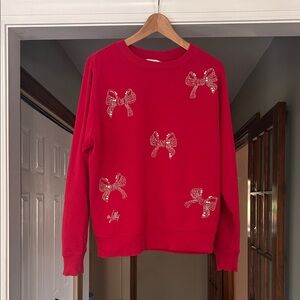 Lilly Pulitzer Festive Holiday Beaded Bow Cherry Red Sweatshirt Sz S